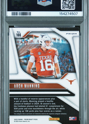 Arch Manning 2025 Panini Prizm Draft Picks #166 Silver RC PSA10 GEM MT Longhorns