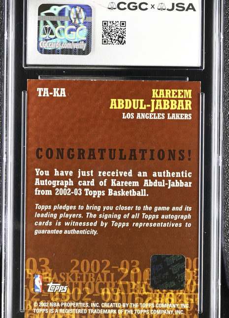Kareem Abdul-Jabbar 2002-03 Topps #TA-KA Autograph Auto CGC/JSA Authentic