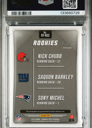 Saquon Barkley/Nick Chubb 2018 Donruss Optic Rookie Triple /15 Auto PSA8 NM-MT