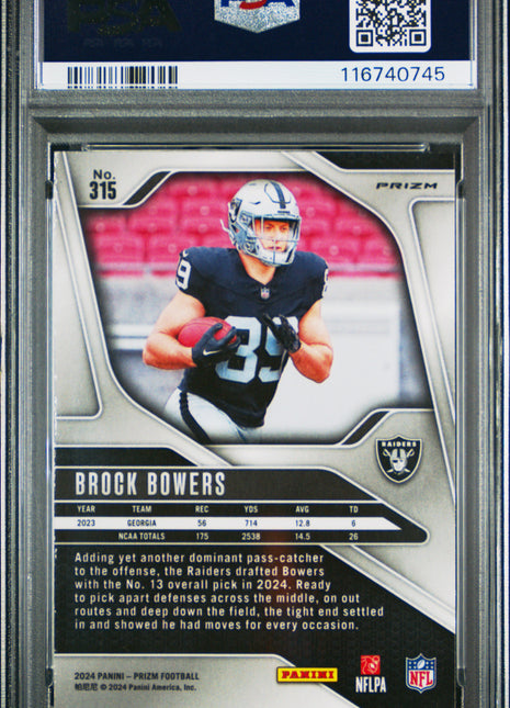Brock Bowers 2024 Panini Prizm #315 Neon Green Pulsar RC PSA10 GEM MT Raiders