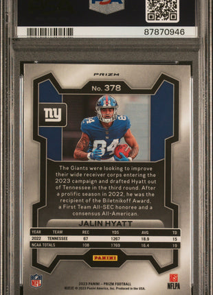 Jalin Hyatt 2023 Panini Prizm #378 Pink Prizm Rookie RC PSA10 GEM MT Giants