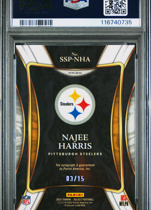 Najee Harris 2021 Panini Select #SSPNHA Signatures Tie-Dye /15 RC Auto PSA9 MINT