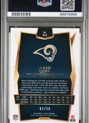 Jared Goff 2016 Panini Select #63 Red Prizm /99 Rookie RC PSA10 GEM MT Rams