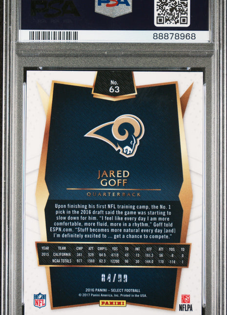 Jared Goff 2016 Panini Select #63 Red Prizm /99 Rookie RC PSA10 GEM MT Rams