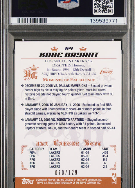 Kobe Bryant 2006-07 Topps Big Game #54 Red Foil /129 PSA9 MINT Lakers