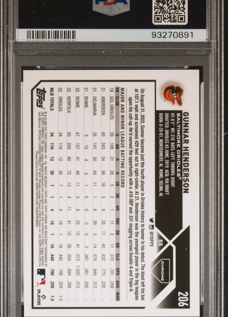 Gunnar Henderson 2023 Topps Complete Set #206 Chrome Variation RC PSA9 MINT