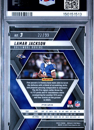 Lamar Jackson 2025 Panini Mosaic #3 Blue /99 PSA10 GEM MT Ravens