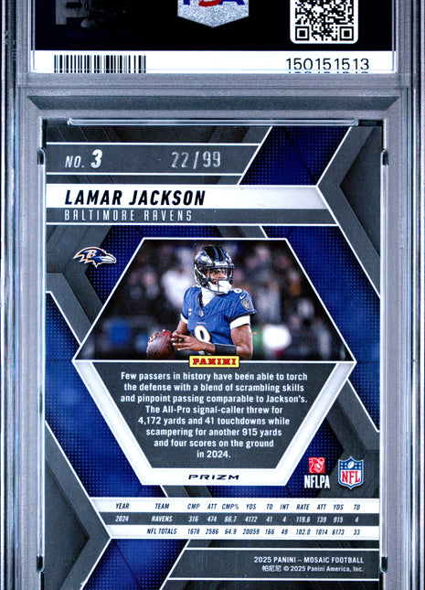 Lamar Jackson 2025 Panini Mosaic #3 Blue /99 PSA10 GEM MT Ravens