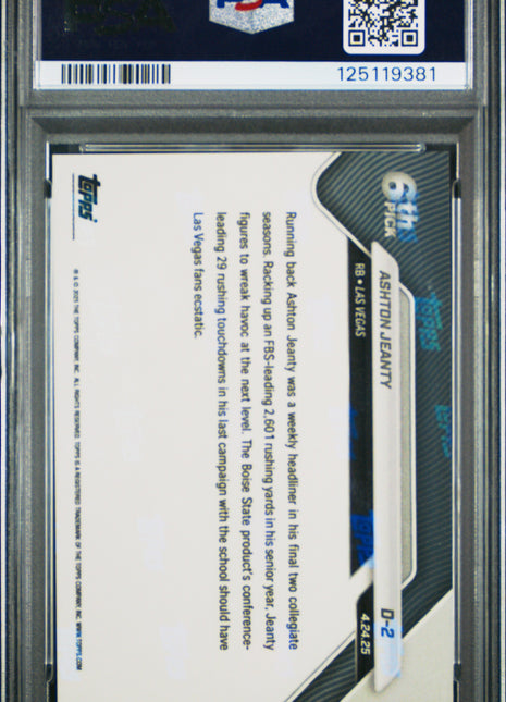 Ashton Jeanty 2025 Topps Now #D2 Draft Night RC PSA10 GEM MT Raiders
