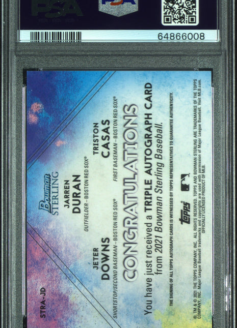 Jarren Duran/Casas/Downs 2021 Bowman Sterling Triple Auto Red 1/1 PSA10 GEM MT