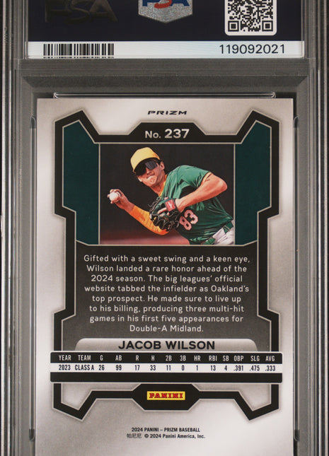 Jacob Wilson 2024 Panini Prizm #237 White Sparkle SSP PSA10 GEM MT A's
