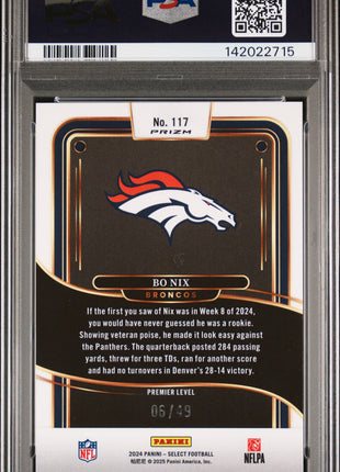 Bo Nix 2024 Panini Select #117 Red Disco /49 RC PSA10 GEM MT Broncos