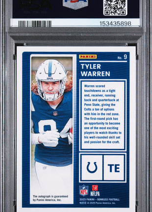 Tyler Warren 2025 Panini Donruss #9 The Rookies /299 RC Auto PSA10 GEM MT