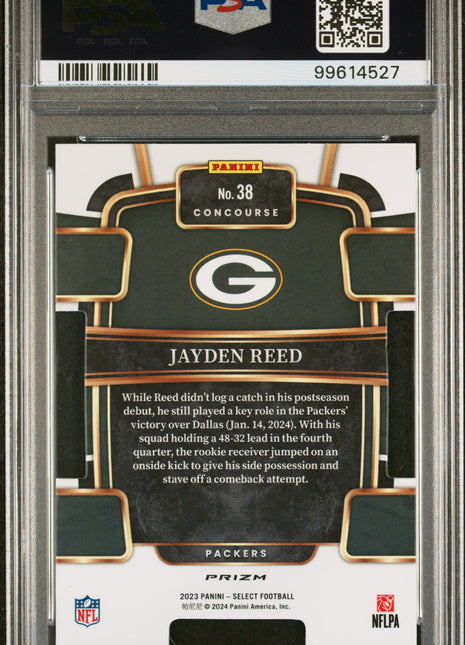 Jayden Reed 2023 Panini Select #38 Die-Cut Red & Blue Prizm RC PSA10 GEM MT