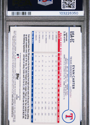 Evan Carter 2024 Topps Sapphire Update Gold Refractor /50 RC Auto PSA10 GEM MT