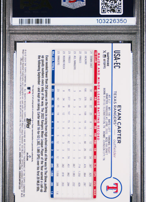 Evan Carter 2024 Topps Sapphire Update Gold Refractor /50 RC Auto PSA10 GEM MT