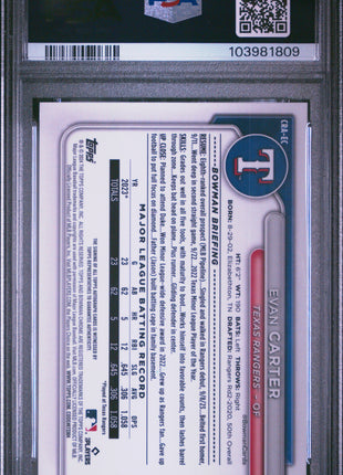 Evan Carter 2024 Bowman Chrome #CRAEC Green Refractor /99 RC Auto PSA10 GEM MT