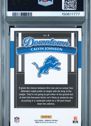 Calvin Johnson 2025 Panini Donruss #4 Downtown Case Hit SSP PSA9 MINT Lions