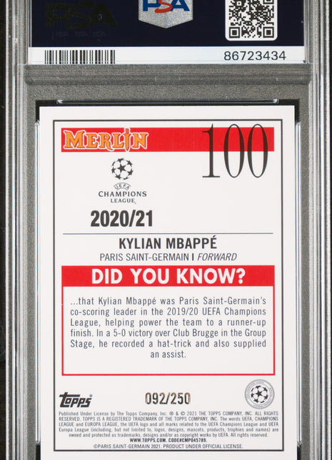 Kylian Mbappe 2020 Topps Merlin Chrome #100 Atomic Refractor /250 PSA10 GEM MT
