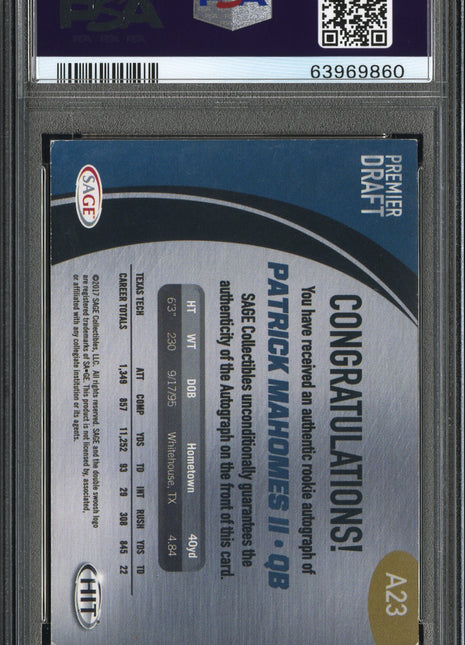 Patrick Mahomes II 2017 Sage Hit Premier Draft #A23 Gold /250 RC Auto PSA AUTO10