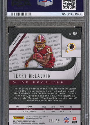 Terry McLaurin 2019 Panini Prizm #353 Green Scope /75 RC Auto PSA10 GEM MT