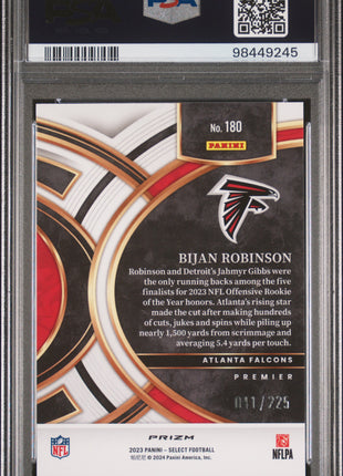 Bijan Robinson 2023 Panini Select #180 Tri Color Prizm /225 RC PSA10 GEM MT