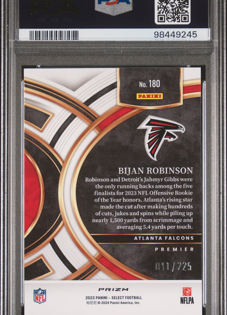 Bijan Robinson 2023 Panini Select #180 Tri Color Prizm /225 RC PSA10 GEM MT