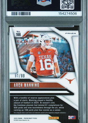 Arch Manning 2025 Panini Prizm DP #166 Purple Prizm /99 PSA10 GEM MT Longhorns