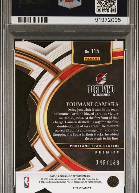 Toumani Camara 2023-24 Select #115 Die-Cut White Prizm /149 RC PSA10 GEM MT