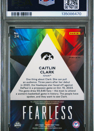 Caitlin Clark 2024 Panini Prizm Draft Picks #24 Fearless Silver RC PSA10 GEM MT