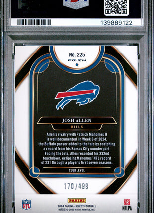 Josh Allen 2024 Panini Select #225 Neon Green Shock /499 PSA10 GEM MT Bills