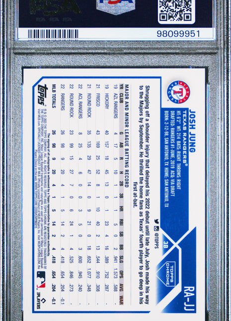Josh Jung 2023 Topps Chrome #RAJJ Blue RayWave Refractor /150 RC Auto PSA9 MINT