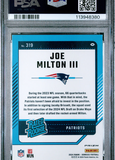 Joe Milton III 2024 Panini Donruss #319 Optic Preview Pink RC PSA10 GEM MT