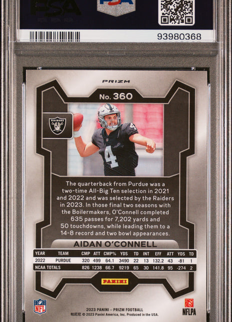 Aidan O'Connell 2023 Panini Prizm #360 Green Wave RC PSA10 GEM MT Raiders