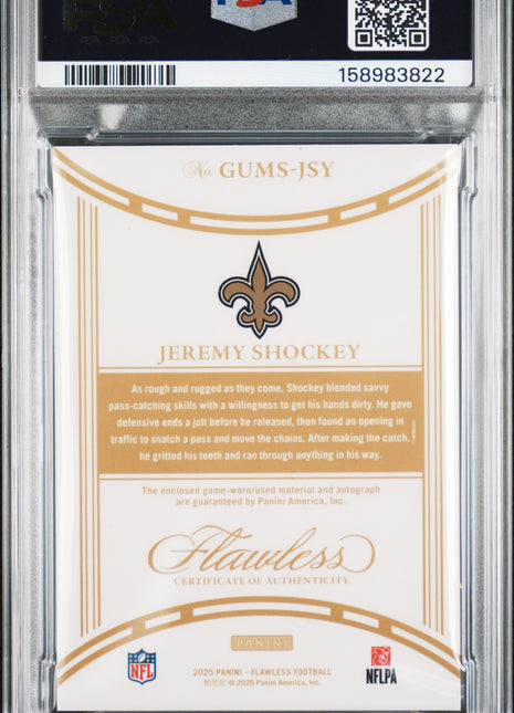 Jeremy Shockey 2025 Panini Flawless Emerald /3 Game-Used Patch Auto PSA9 MINT