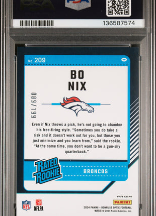 Bo Nix 2024 Panini Donruss Optic #209 Blue /199 RC PSA10 GEM MT Broncos
