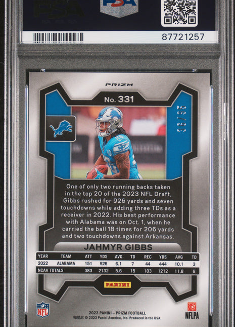 Jahmyr Gibbs 2023 Panini Prizm #331 No Huddle Blue /95 RC PSA10 GEM MT Lions