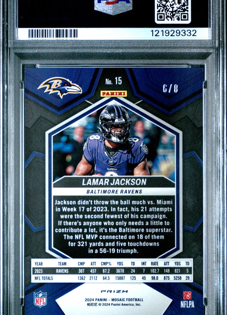 Lamar Jackson 2024 Panini Mosaic #15 Black Gold Choice /8 SSP PSA10 GEM MT Pop 1