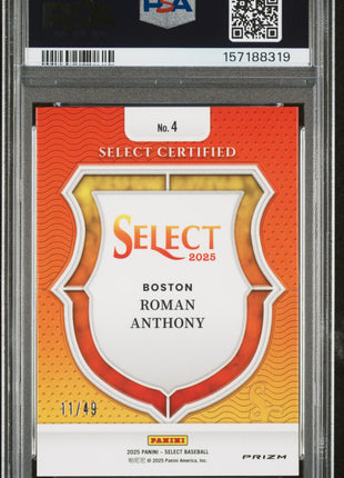 Roman Anthony 2025 Panini Select #4 Certified Blue Prizm /49 RC PSA10 GEM MT