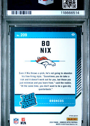Bo Nix 2024 Panini Donruss Optic #209 Blue Scope RC PSA10 GEM MT Broncos
