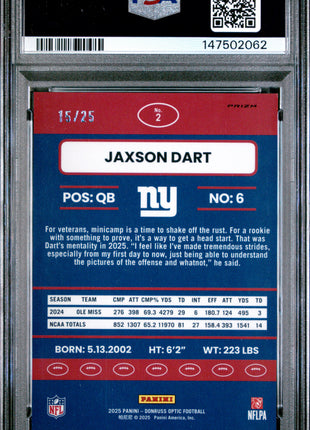 Jaxson Dart 2025 Panini Donruss Optic 2015 Retro Purple Stars /25 RC PSA9 MINT