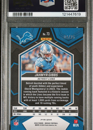 Jahmyr Gibbs 2024 Panini Mosaic #73 Orange Fluorescent /25 PSA9 MINT Lions