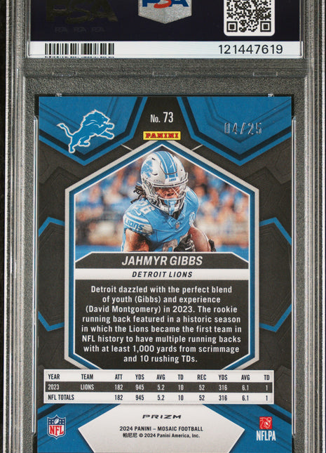 Jahmyr Gibbs 2024 Panini Mosaic #73 Orange Fluorescent /25 PSA9 MINT Lions