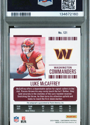 Luke McCaffrey 2024 Panini Contenders #121 Rookie Ticket RC Auto PSA10 GEM MT