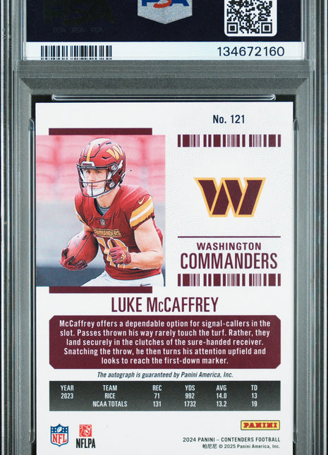 Luke McCaffrey 2024 Panini Contenders #121 Rookie Ticket RC Auto PSA10 GEM MT