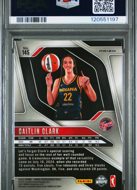 Caitlin Clark 2024 Panini Prizm WNBA #145 Silver Prizm RC PSA8 NM-MT Fever