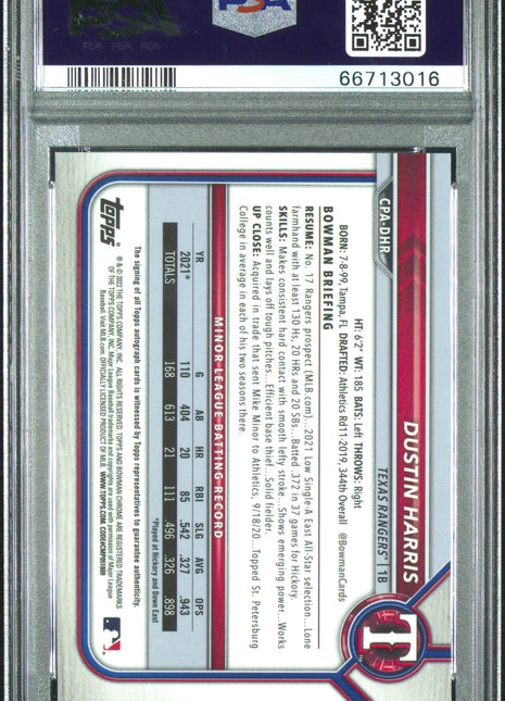 Dustin Harris 2022 Bowman Chrome #CPADHR Orange Refractor /25 Auto PSA10 GEM MT