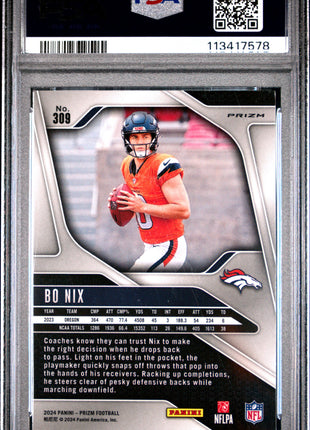 Bo Nix 2024 Panini Prizm #309 Silver Prizm RC PSA10 GEM MT Broncos