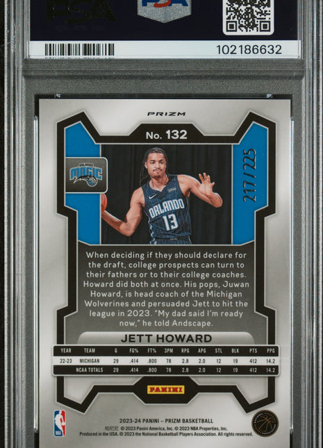 Jett Howard 2023-24 Panini Prizm #132 Teal Ice /225 Rookie RC PSA9 MINT Magic