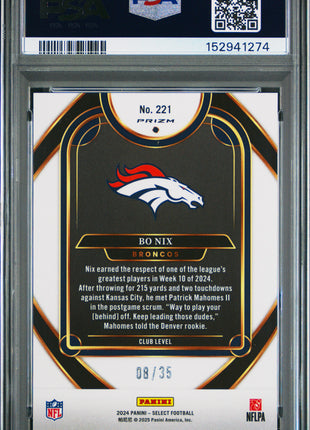 Bo Nix 2024 Panini Select #221 White Prizm /35 RC PSA10 GEM MT Broncos
